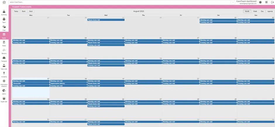 CareTeam web — calendar and care visits